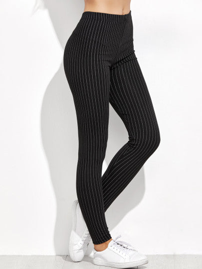 Black High Waist Vertical Striped Leggings